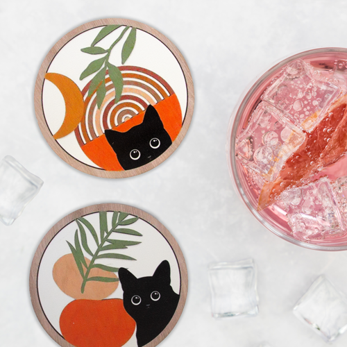 sun cat wooden coasters