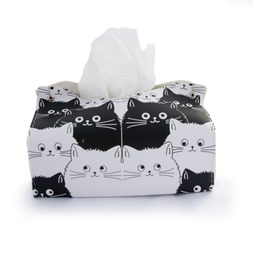 black and white cat tissue box