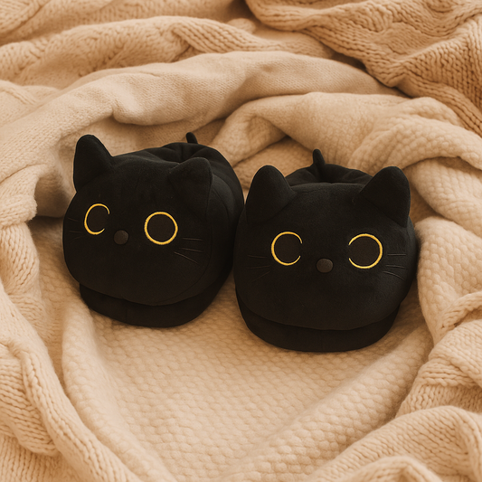 plushy black cat slippers
